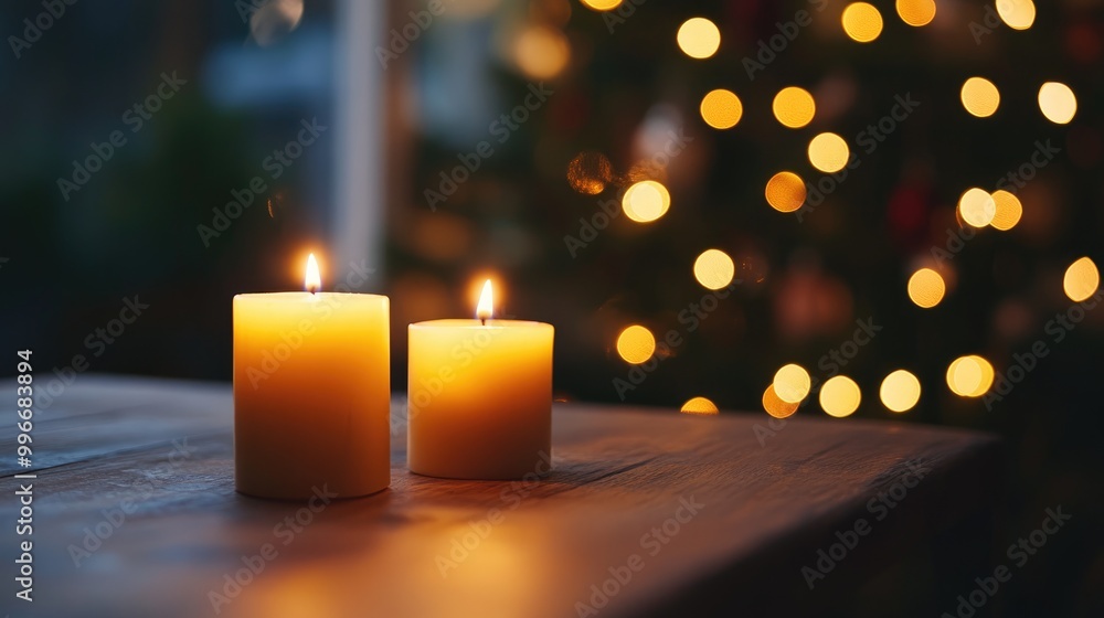 Candles glowing on a wooden table with a softly blurred festive tree in the background Candles glowing on a wooden table with a softly blurred festive tree in the background