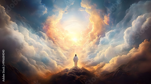 The majestic Revelation of Jesus Christ and His Second Coming: An Illustration of Glory in the Sky. photo