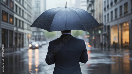 Businessman holding an umbrella in an urban setting during a rainy day