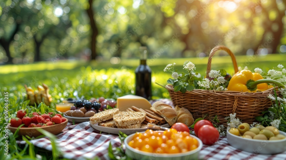 Summer holiday, Picnic in the park on the grass. Basket, tablecloth, healthy food, healthy food and accessories, top view, Flat lay.The concept of a picnic, summer and rest 