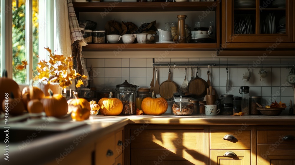 The cozy kitchen is adorned with numerous pumpkins and colorful autumn leaves, creating a warm atmosphere highlighted by natural sunlight The cozy kitchen is adorned with numerous pumpkins and colorful autumn leaves, creating a warm atmosphere highlighted by natural sunlight