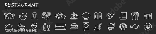 Restaurant icon set. Restaurant business icon concept, containing server, meal, cooking, menu, restaurant, fast food and dinner icons. Line icon collection.