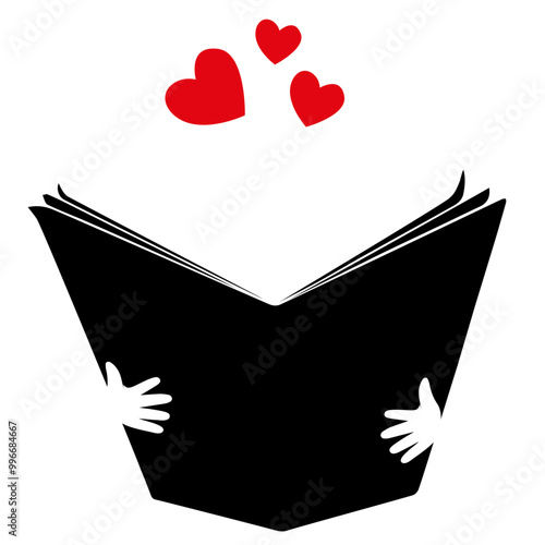 Open book with red cover and red hearts flying out. Isolated on turquoise background. Bibliophile, book lover flat icon. Vector illustration. Love reading logo.