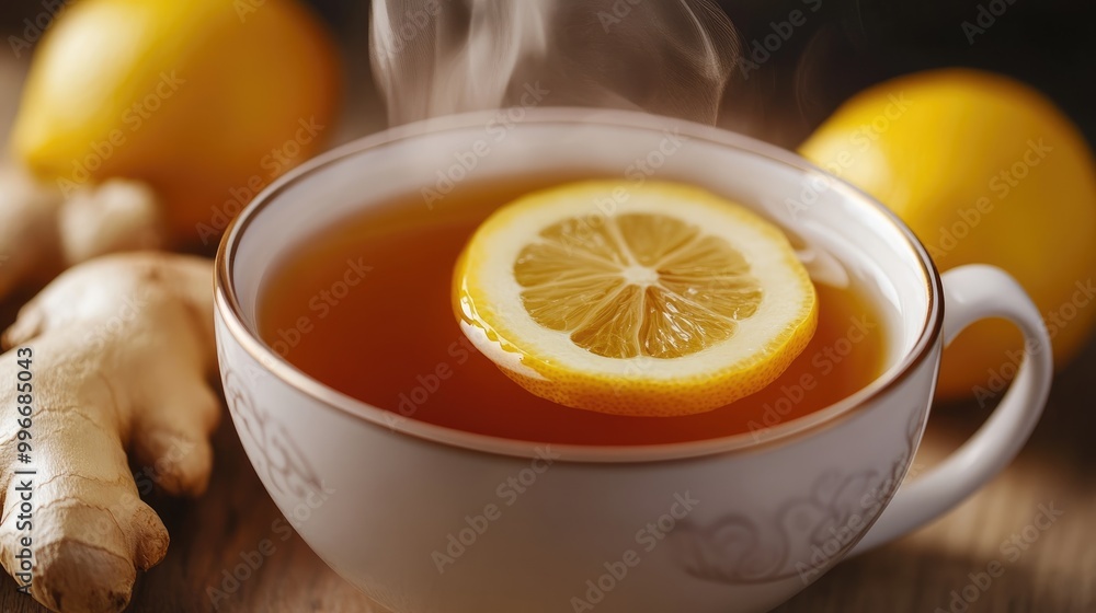 A close up view of a steaming cup of ginger and lemon herbal tea A close up view of a steaming cup of ginger and lemon herbal tea