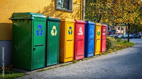 A colorful set of recycling bins in a residential area for different types of waste.