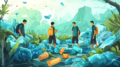 Group of hikers in a lush landscape, encountering pollution and plastic waste, highlighting environmental awareness and sustainability. photo