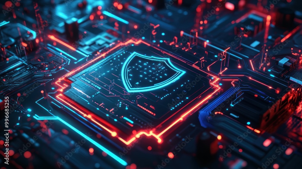 A digital circuit board featuring a shield icon, symbolizing cybersecurity and protection. A digital circuit board featuring a shield icon, symbolizing cybersecurity and protection.