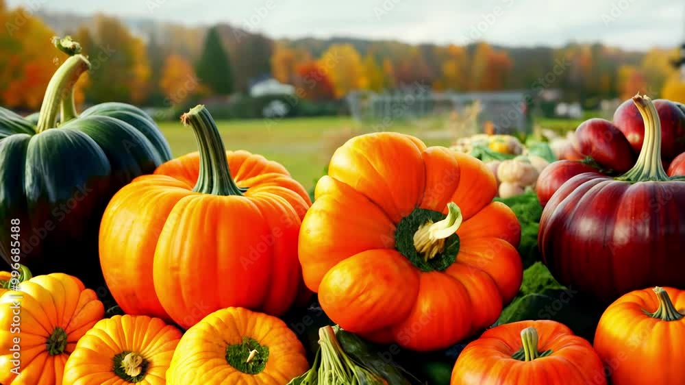 Colorful autumn pumpkins in scenic countryside field Colorful autumn pumpkins in scenic countryside field