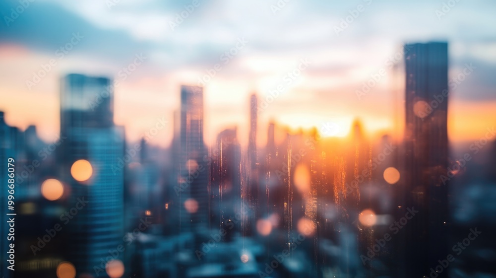 Blurred skyline featuring tall buildings and skyscrapers during sunset Blurred skyline featuring tall buildings and skyscrapers during sunset
