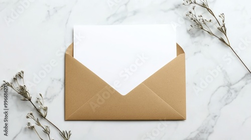 Blank white card with a kraft brown paper envelope template for mockup design photo