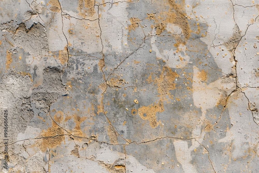 A close-up shot of a weathered concrete wall with cracks and peeling paint, showcasing a rustic and rugged texture.