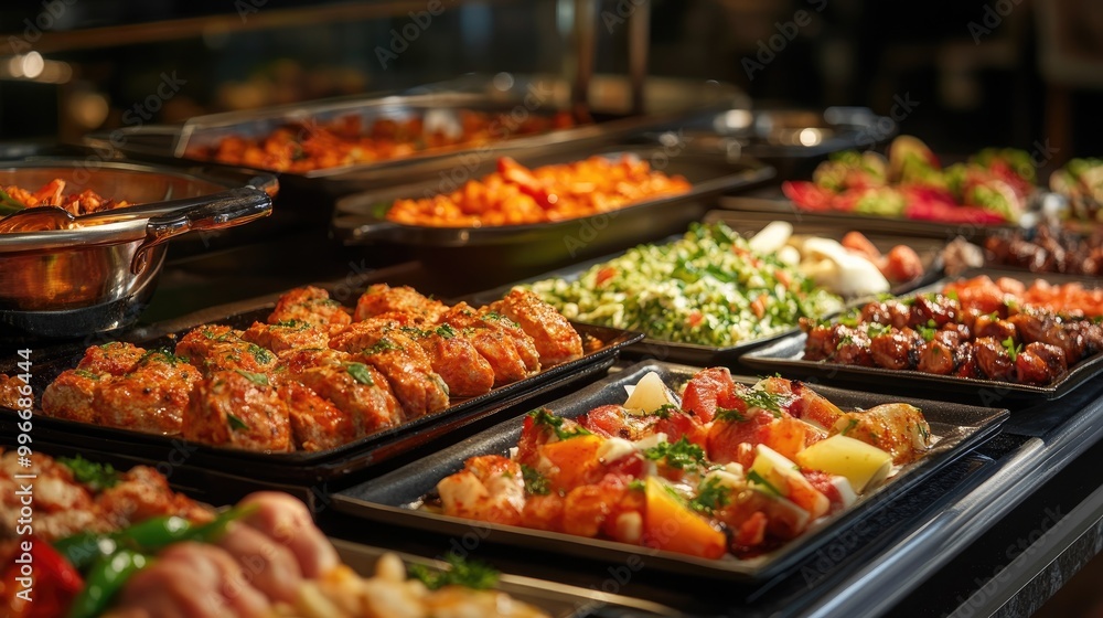 A selection of dishes arranged at a buffet featuring diverse culinary options A selection of dishes arranged at a buffet featuring diverse culinary options