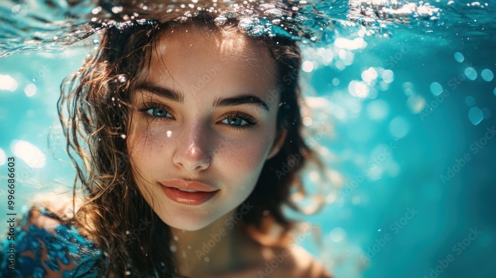 Close-up of a woman's face underwater with water droplets and a blue background. Close-up of a woman's face underwater with water droplets and a blue background.