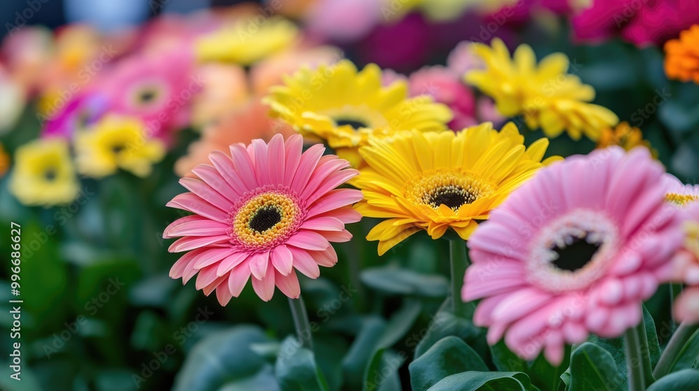 A vibrant row of multicolored flowers featuring shades of yellow and pink at the center A vibrant row of multicolored flowers featuring shades of yellow and pink at the center