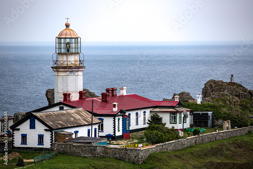 A redroofed lighthouse is on a hill by the ocean photo