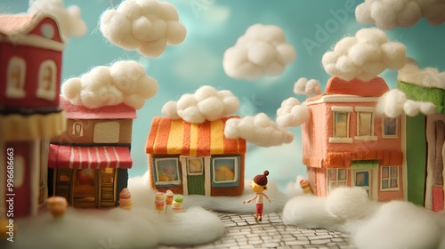 Sunwukong toy exploring a cloud street with shops made of wool felt and floating candy-like clouds photo