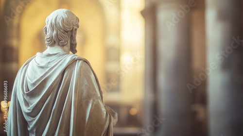 Back view of a religious figure symbolizing faith with selective focus and plenty of copy space for text or design elements