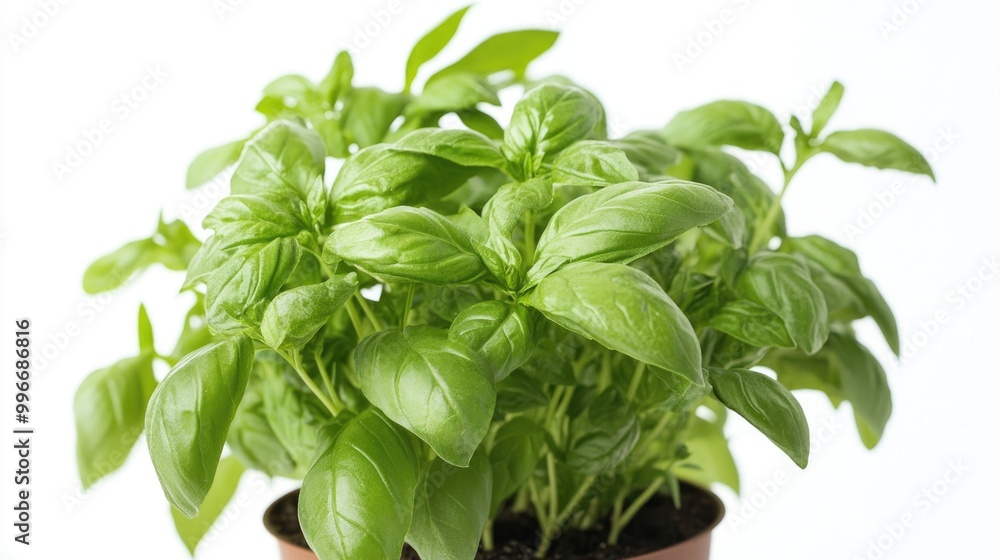 Basil plant in a pot viewed from the front set against a white background Basil plant in a pot viewed from the front set against a white background