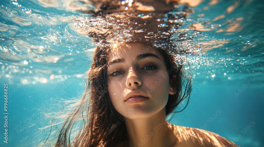 Close-up portrait of a woman underwater with sunlight shimmering through the water. Close-up portrait of a woman underwater with sunlight shimmering through the water.