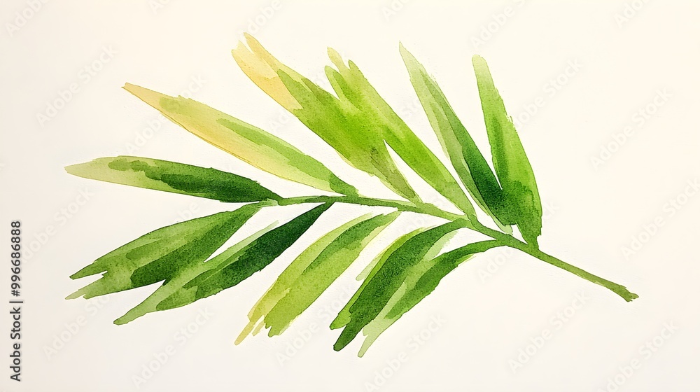 Fototapeta premium Minimalist watercolor of a single palm frond against a light background
