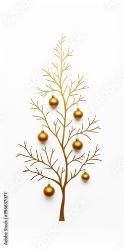 golden branch with Christmas balls on a white background, minimalism, vertical image