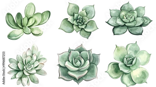 Succulent plants in watercolor, showcasing their rosette shapes and muted colors photo