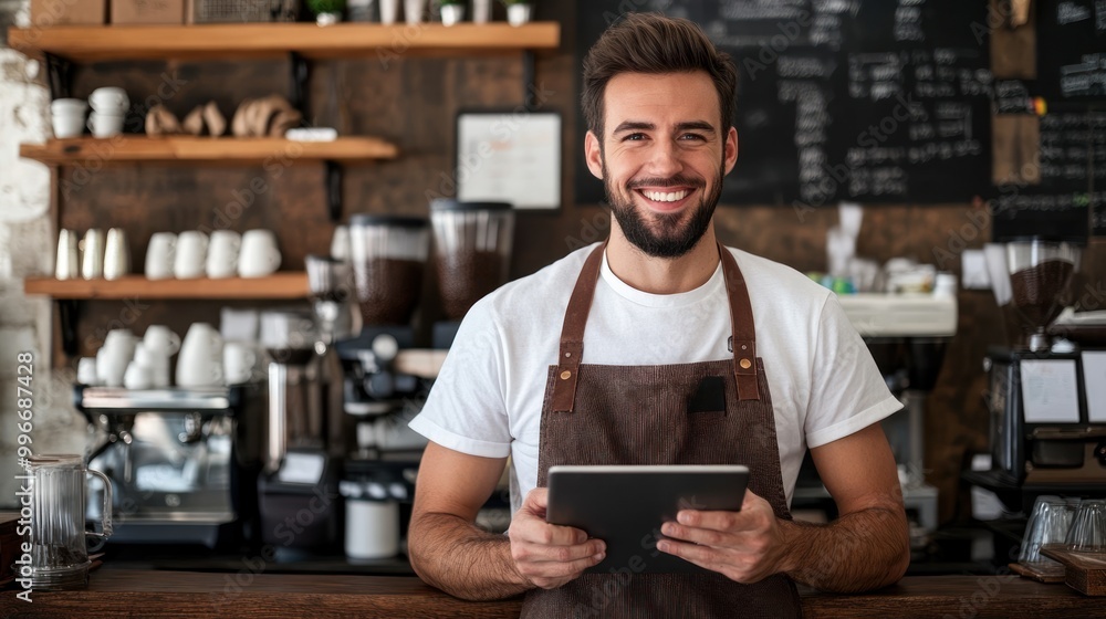 Happy barista in apron holding a tablet. Happy barista in apron holding a tablet.