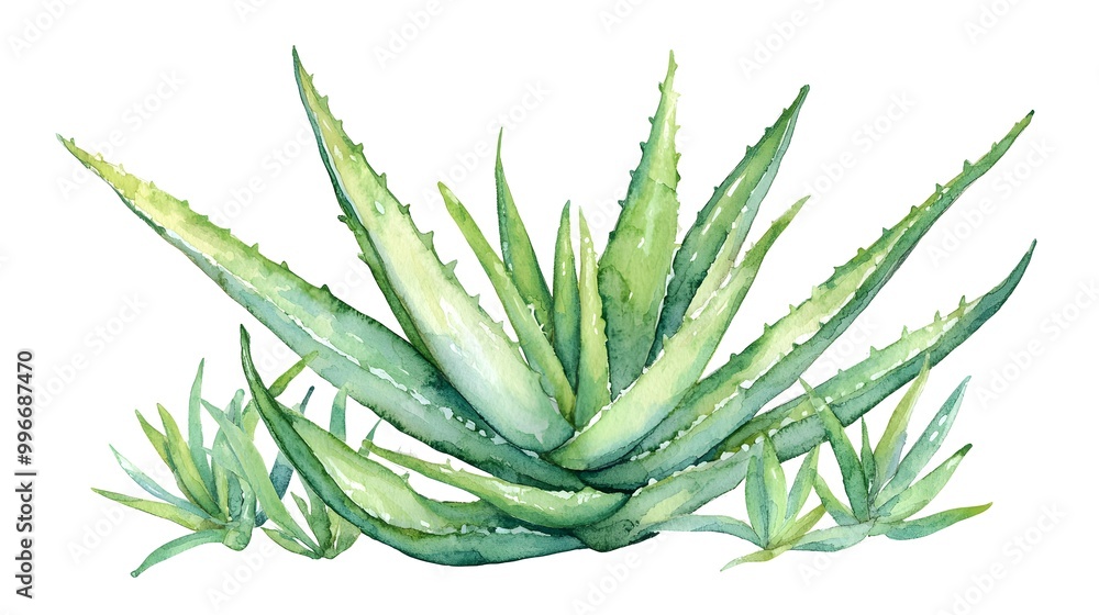 Fototapeta premium Watercolor aloe vera plant with intricate leaf textures and soft green tones