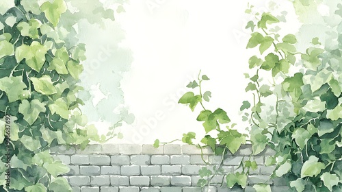 Watercolor ivy climbing up a soft brick wall in gentle greens photo