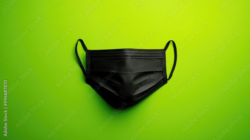 A black facial mask set against a vivid green background showcasing contemporary safety measures in the context of health consciousness A black facial mask set against a vivid green background showcasing contemporary safety measures in the context of health consciousness