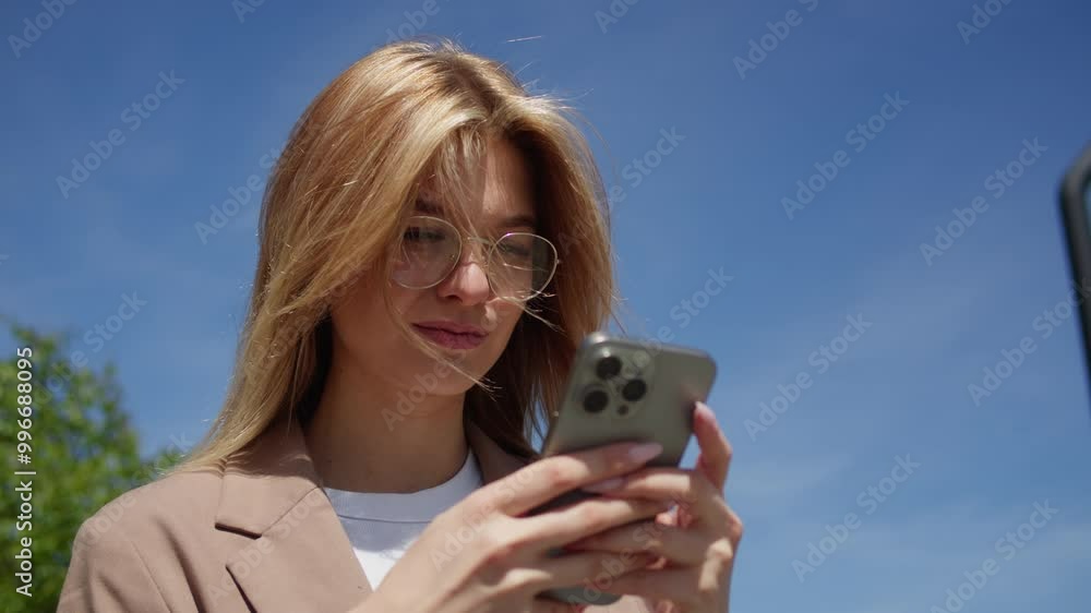 Beautiful young woman use phone with voice recognition ai speech audio message smartphone, business student in university campus making audio speech message. Beautiful young woman use phone with voice recognition ai speech audio message smartphone, business student in university campus making audio speech message.