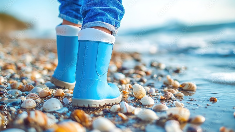 A boy in light blue boots strolls along the beach discovering a shore filled with vibrant shells A boy in light blue boots strolls along the beach discovering a shore filled with vibrant shells