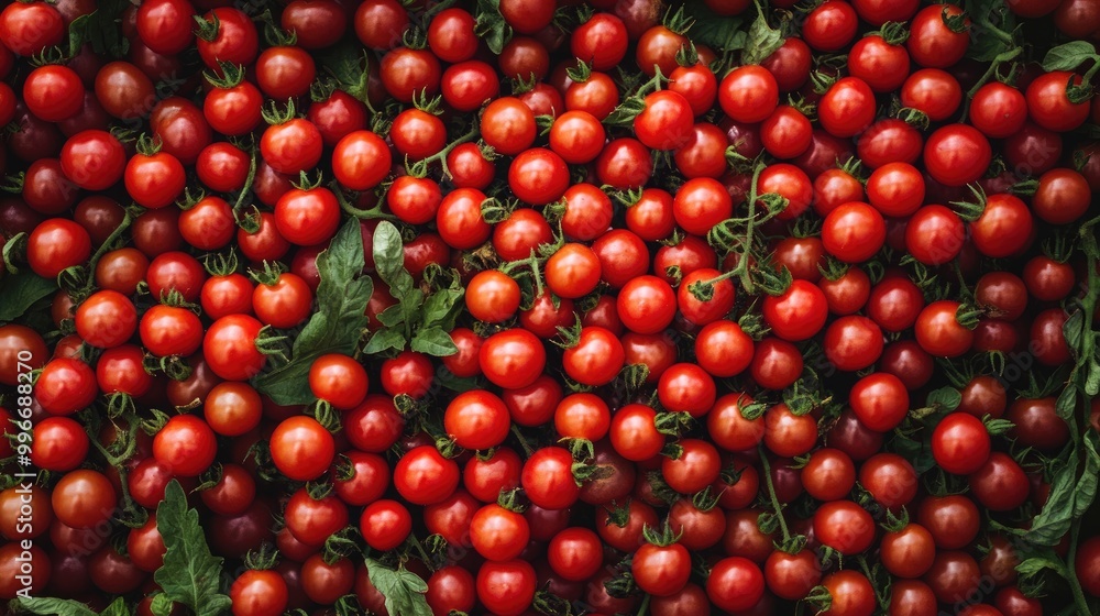 Aerial view of clusters of small ripe cherry tomatoes Aerial view of clusters of small ripe cherry tomatoes
