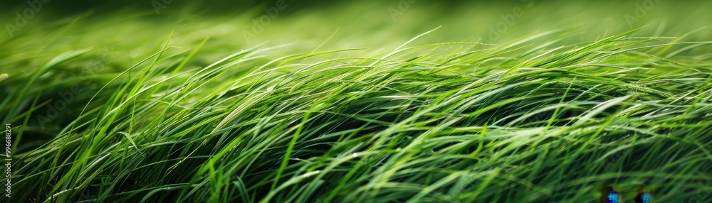 A field of green grass with dew drops on it A field of green grass with dew drops on it