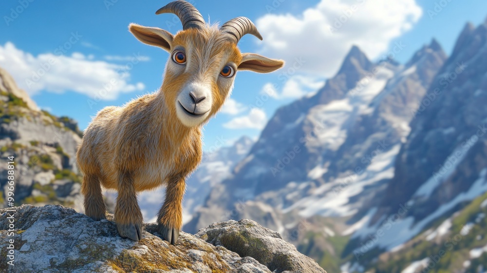 Obraz premium A cartoonish goat stands on a rocky ledge with mountains in the background.