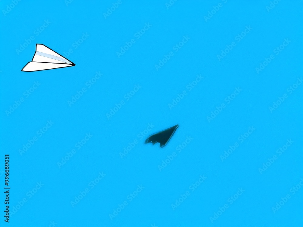 white paper airplane with black shadow against a blue background white paper airplane with black shadow against a blue background