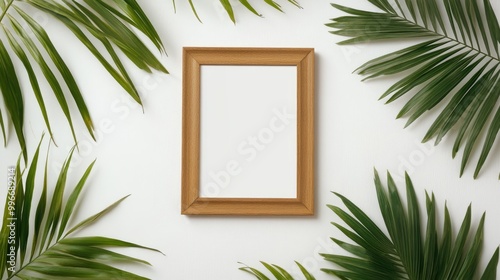 Blank mockup of a photo frame set against a white background with tropical palm leaves Summer theme flat lay top view ample copy space