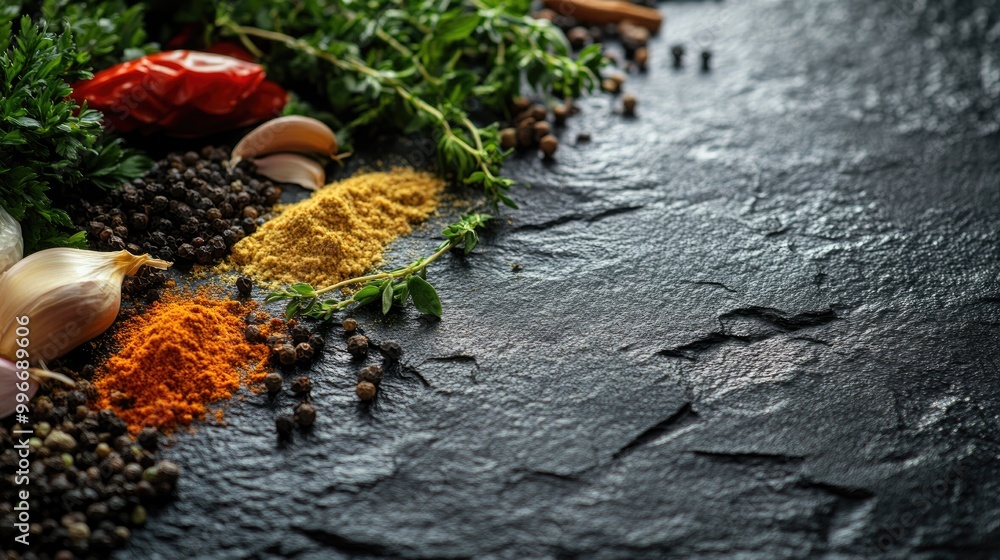 Assorted spices and herbs arranged on a black stone surface Culinary ingredients for cooking Food backdrop Assorted spices and herbs arranged on a black stone surface Culinary ingredients for cooking Food backdrop