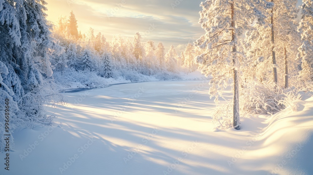 Snow-covered landscape with trees along a frozen river during a serene winter sunset in a tranquil forest setting Snow-covered landscape with trees along a frozen river during a serene winter sunset in a tranquil forest setting