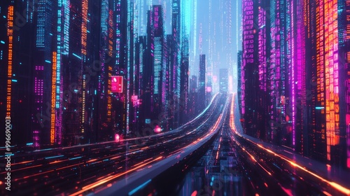 A futuristic cityscape with neon lights and digital elements, depicting a vibrant urban environment.