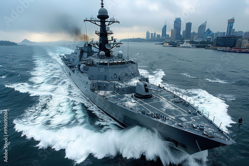 Australian navy battleship accelerates through the waves near a vibrant city skyline