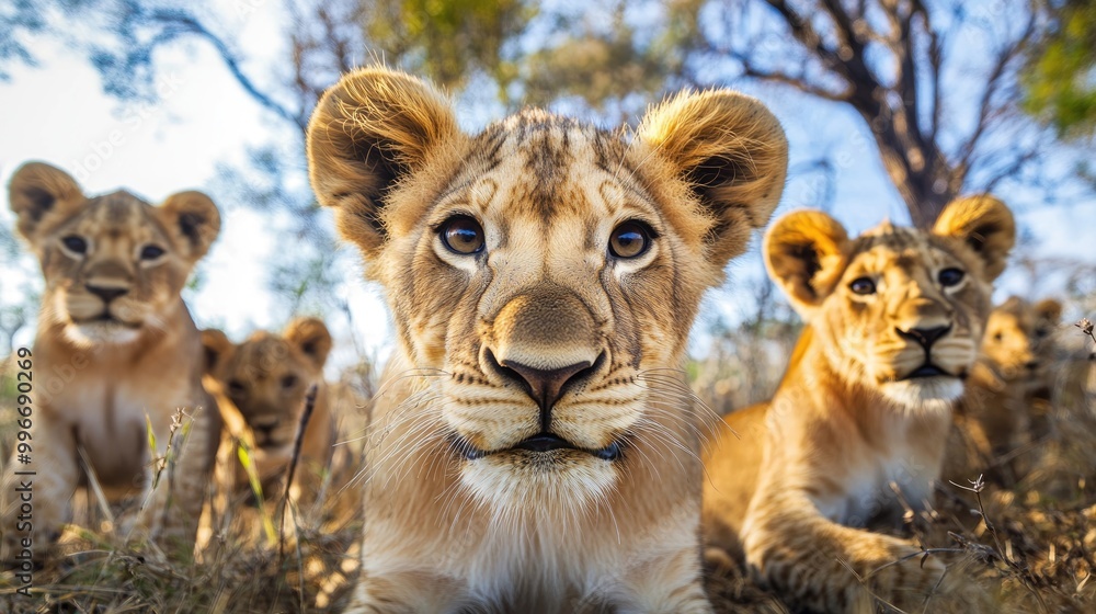 A group of young teenage lions curiously gazing towards the camera captured with ultra wide angle lens technology A group of young teenage lions curiously gazing towards the camera captured with ultra wide angle lens technology