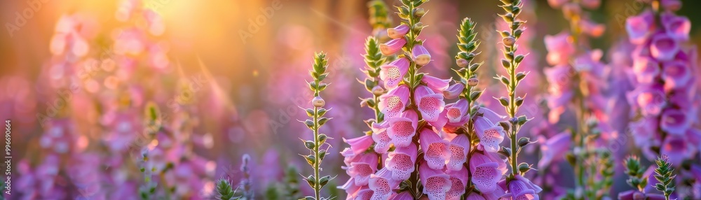A field of pink flowers with the sun shining on them A field of pink flowers with the sun shining on them