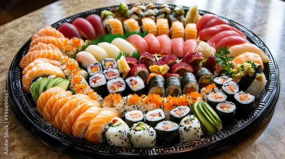 A stunning assortment of sushi displayed on a beautiful platter featuring bright colors and fresh ingredients ideal for food lovers A stunning assortment of sushi displayed on a beautiful platter featuring bright colors and fresh ingredients ideal for food lovers