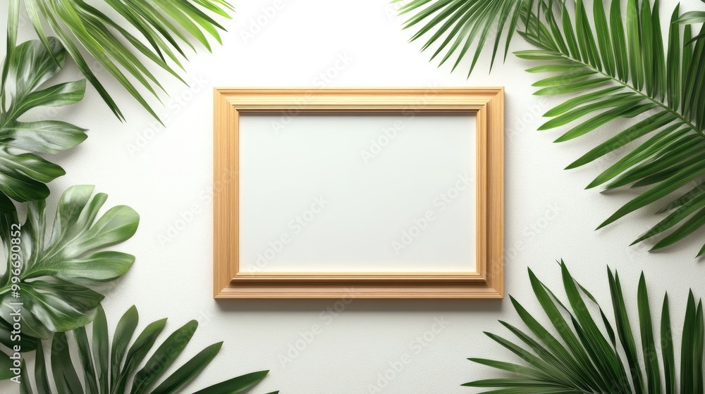 Blank mockup of a photo frame set against a white background with tropical palm leaves Summer theme flat lay top view ample copy space Blank mockup of a photo frame set against a white background with tropical palm leaves Summer theme flat lay top view ample copy space