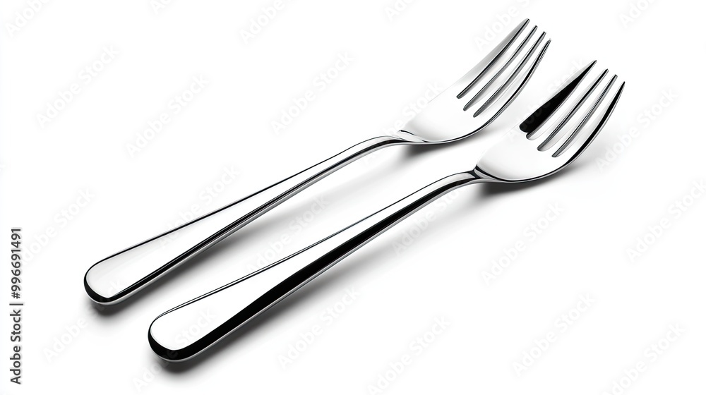 Two elegant stainless steel forks arranged on a white background, perfect for dining and culinary presentations. Two elegant stainless steel forks arranged on a white background, perfect for dining and culinary presentations.