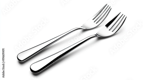 Two elegant stainless steel forks arranged on a white background, perfect for dining and culinary presentations.