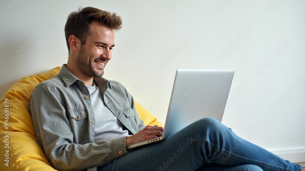 Smiling young man working with laptop on beanbag chair near white wall Smiling young man working with laptop on beanbag chair near white wall