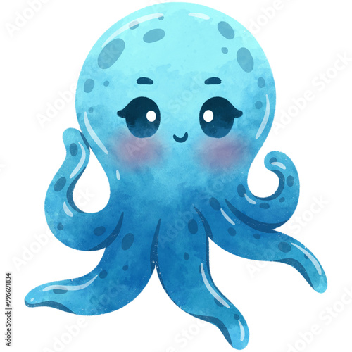 Cute Octopus Cartoon Sea Animals Watercolor Illustration