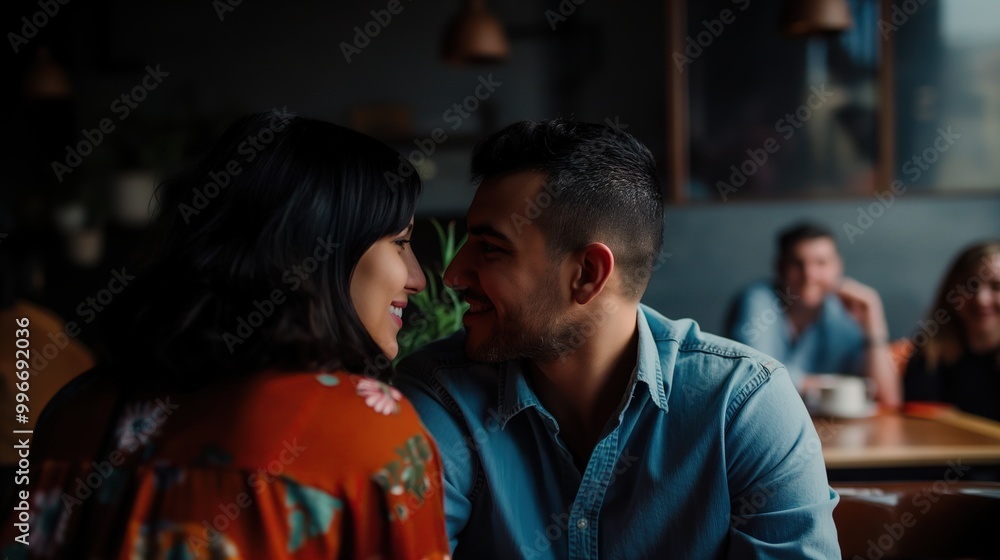 Modern office couple discreetly exchanging smiles during break, capturing subtle workplace romance and connection amidst blurred coworkers. Modern office couple discreetly exchanging smiles during break, capturing subtle workplace romance and connection amidst blurred coworkers.